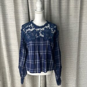 Free People Navy Blue Lace Plaid Blouse